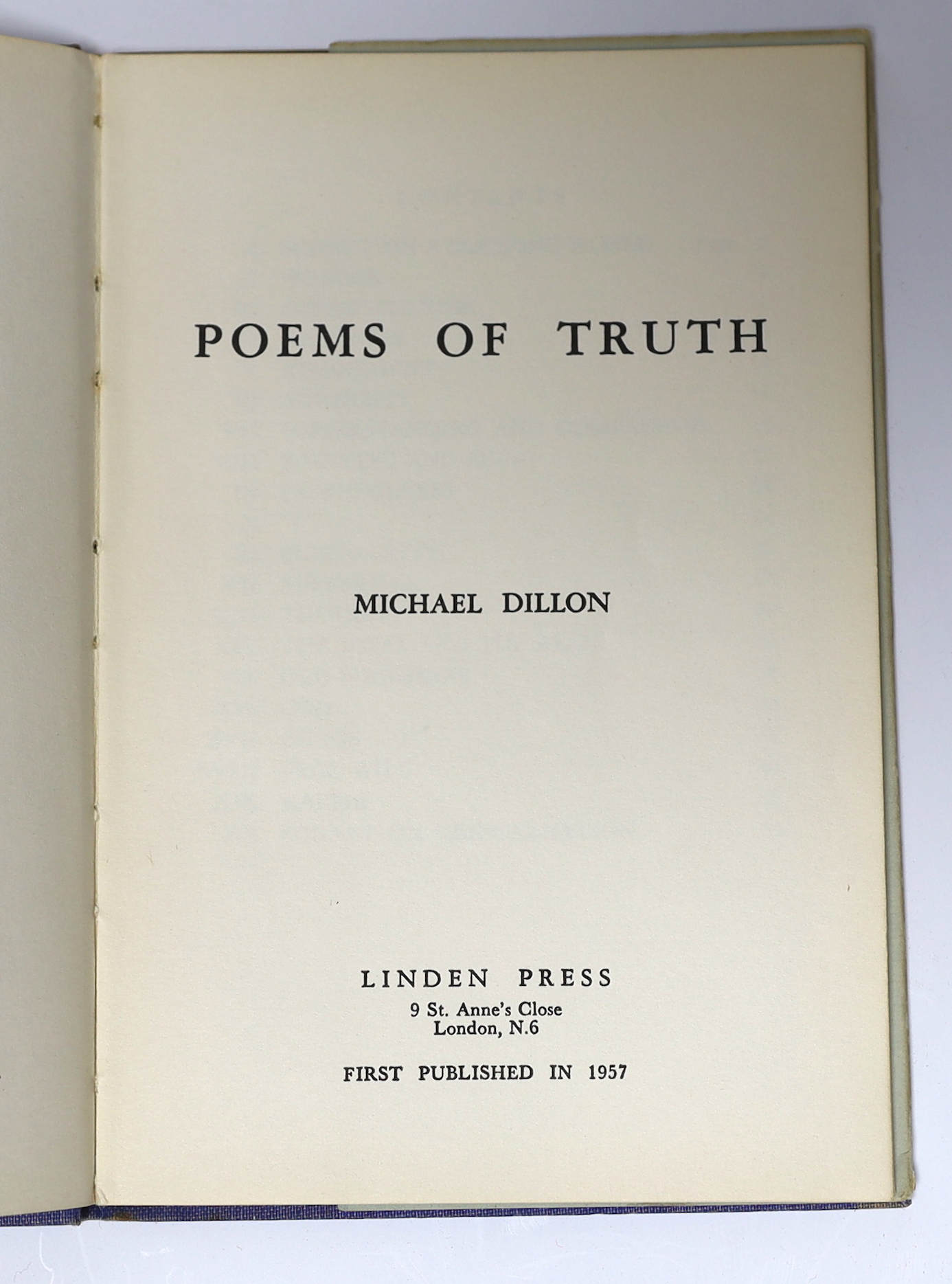 Dillon, Michael - Poems of Truth, 1st edition, 8vo, purple cloth lettered gilt, in a unclipped d/j, Linden Press, 1957., Michael Laurence Dillon (1915-1962), born Laura Maude Dillon, was, in 1946, the first trans person